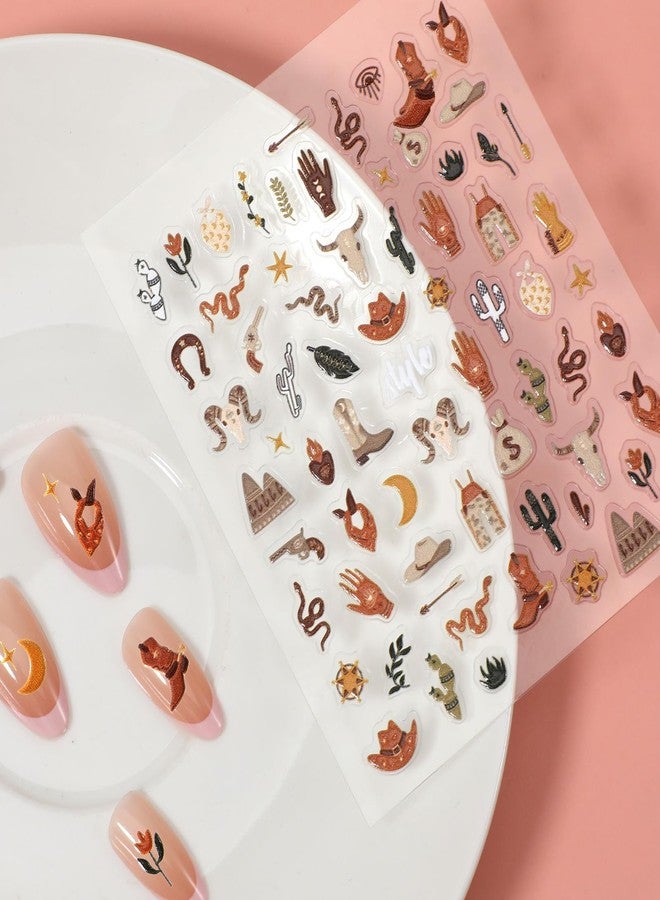 Yuanchu 2 Sheets Retro Cowboy Nail Art Stickers, Western Style Self-Adhesive 5D Embossed Nail Decals DIY Cowboy Hat Boots Cactus Designs for Nails Toenails Phone Cases Retro Style Parties - Image 2
